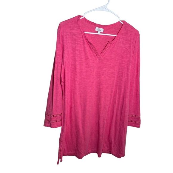 Kim Rogers T-Shirt Women's Medium Pink V-Neck 3/4 Sleeve Eyelet Solid Top - Picture 1 of 9